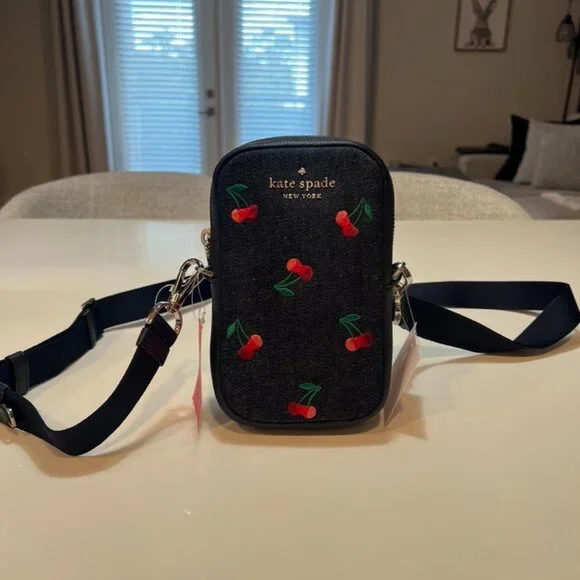 Kate Spade Rosie Cherry Embroidered Denim Phone Crossbody - Picture 2 of 9